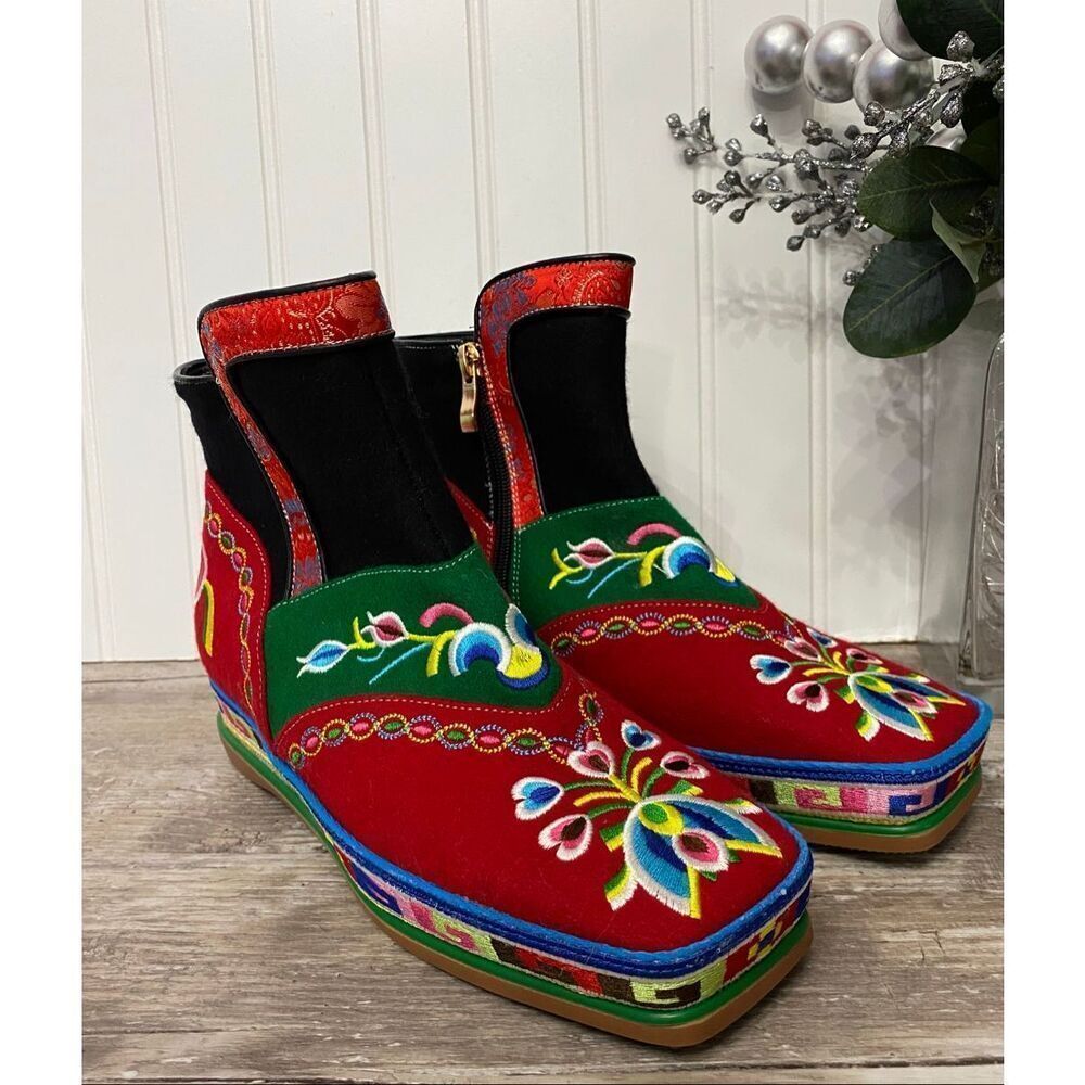 Traditional Tibetan Mongolian Felt Embroidery Shoes Boots Sz 39 New